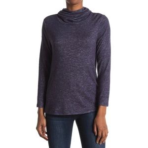 Bobeau Cowl Neck Built-in Face Mask Space Dye Print Sweater - Dark Denim